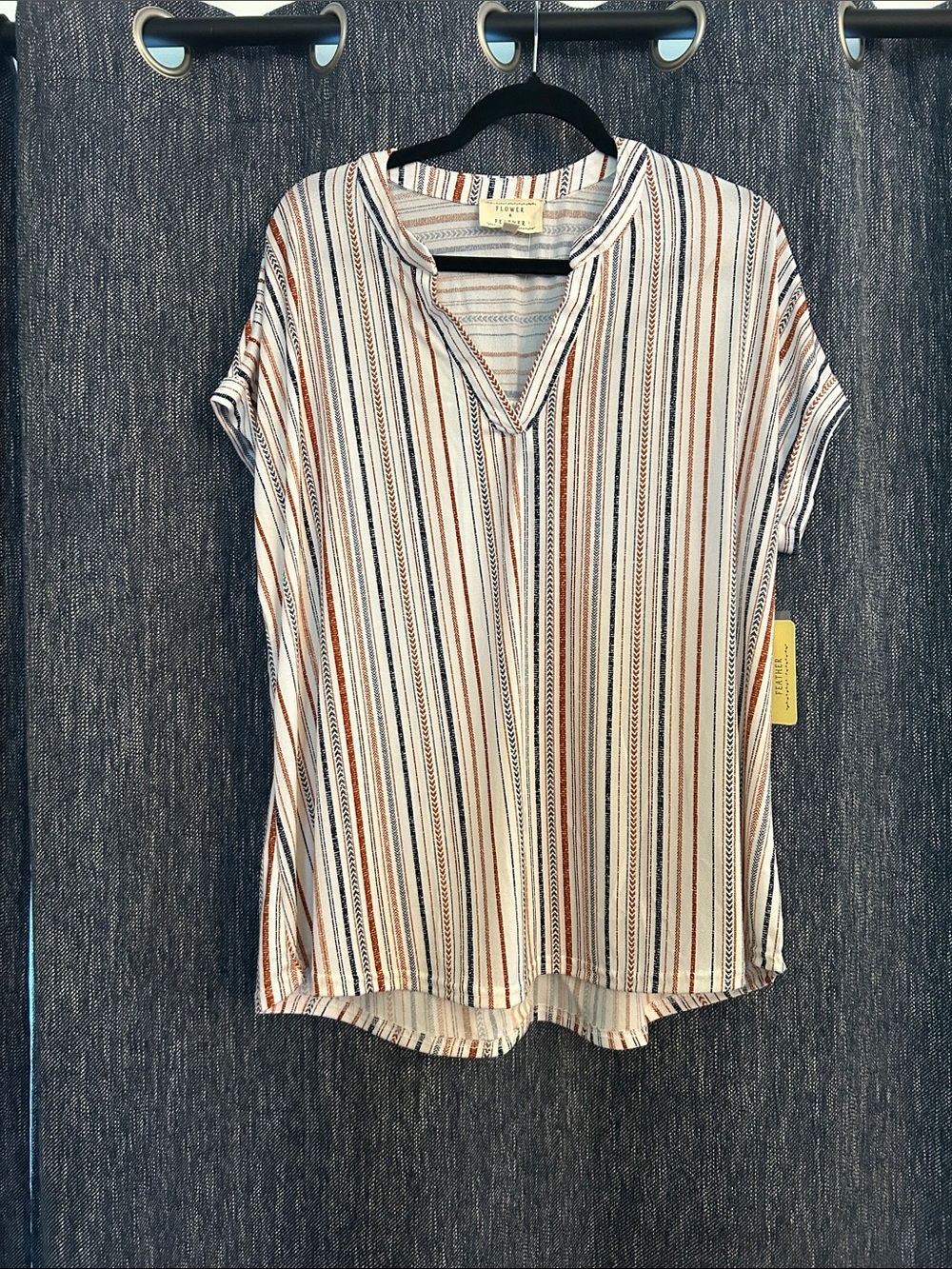 Flower & Feather Cream Multi-Stripe V-Neck Short Sleeve Top